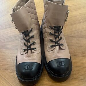 CHANEL Quilted Beige and Black Combat Boots